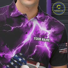 Load image into Gallery viewer, Close up of purple lightning thunder American flag bowling polo shirt collar, buttons and chest design.