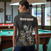 Load image into Gallery viewer, Back view of woman wearing a funny octopus 9 ball pool team jersey.