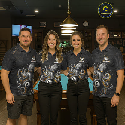 Back view of pool team wearing matching funny octopus 8 ball billiard shirts.