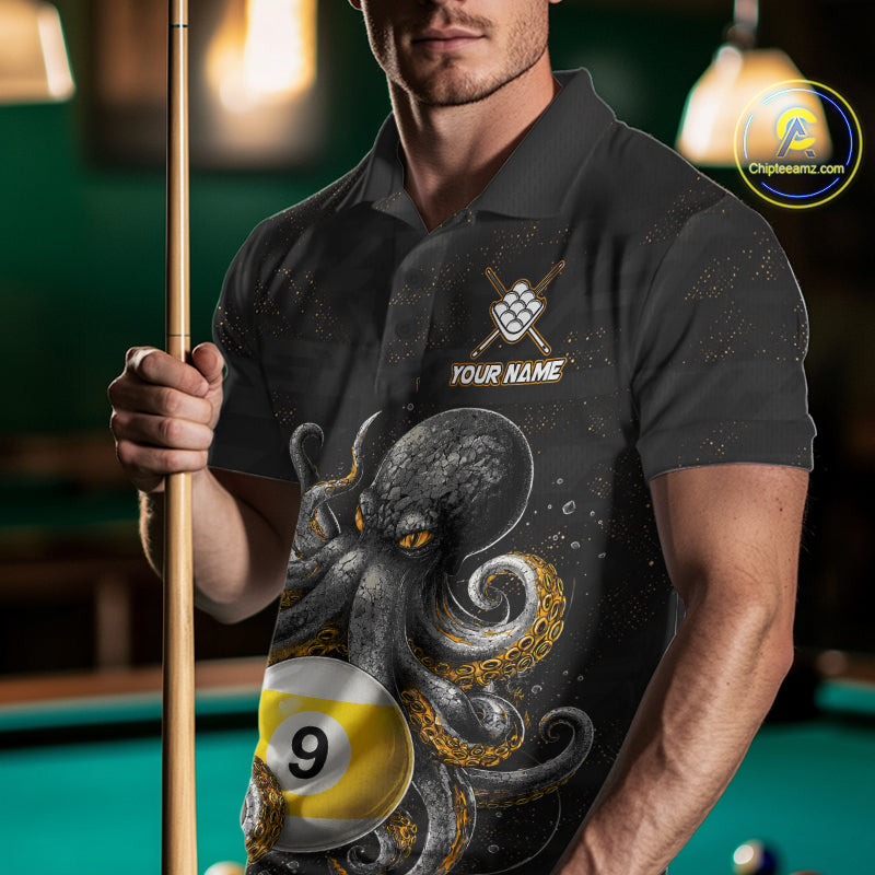 Man wearing a funny octopus 9 ball billiard jersey front view.