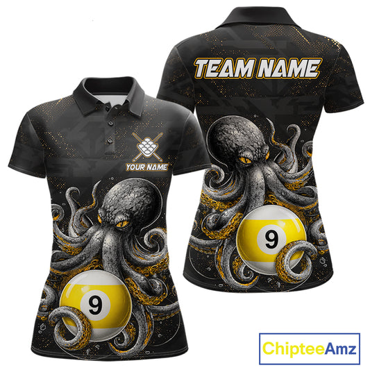 Funny octopus 9 ball custom billiard polo shirt for women with colorful ocean themed graphics.
