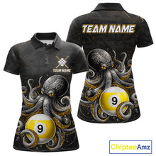 Load image into Gallery viewer, Funny octopus 9 ball custom billiard polo shirt for women with colorful ocean themed graphics.