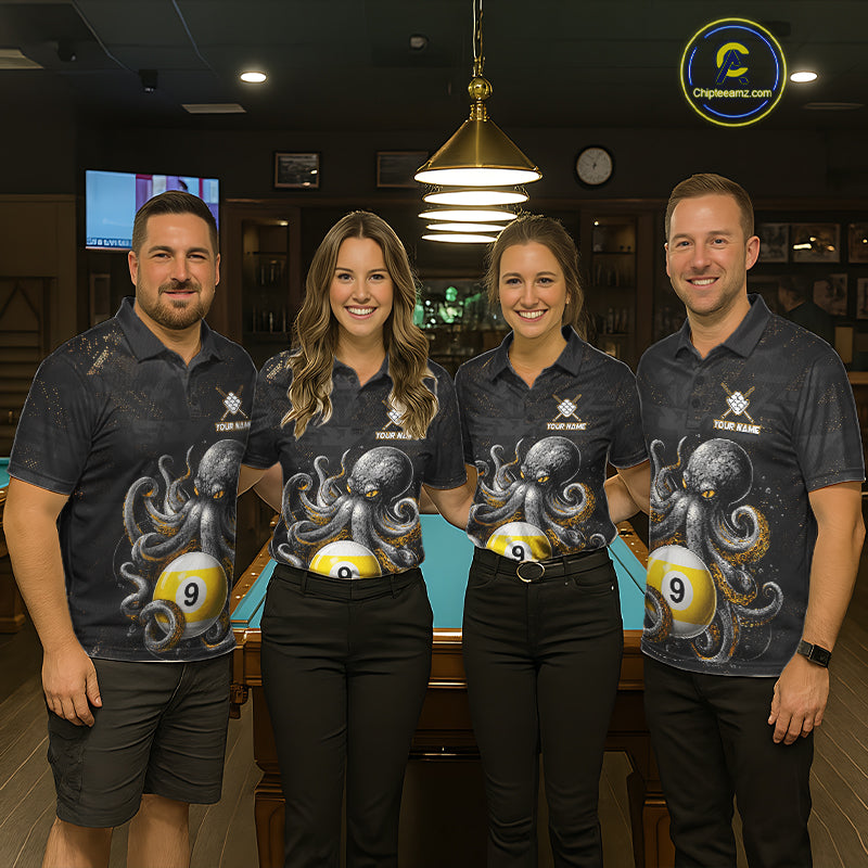 Pool team wearing matching funny octopus 9 ball billiard jerseys front view.