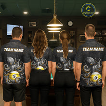 Load image into Gallery viewer, Back view of pool team wearing matching funny octopus 9 ball billiard shirts.