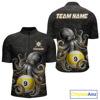 Funny octopus 9 ball quarter zip billiard shirt for men, personalized pool team jersey.