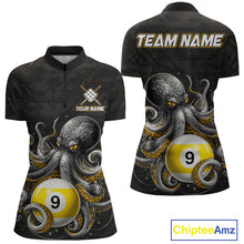 Load image into Gallery viewer, Funny octopus 9 ball quarter zip billiard shirt for women, personalized pool team jersey.