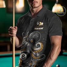 Load image into Gallery viewer, Man wearing a funny octopus 8 ball and 9 ball billiard jersey front view.
