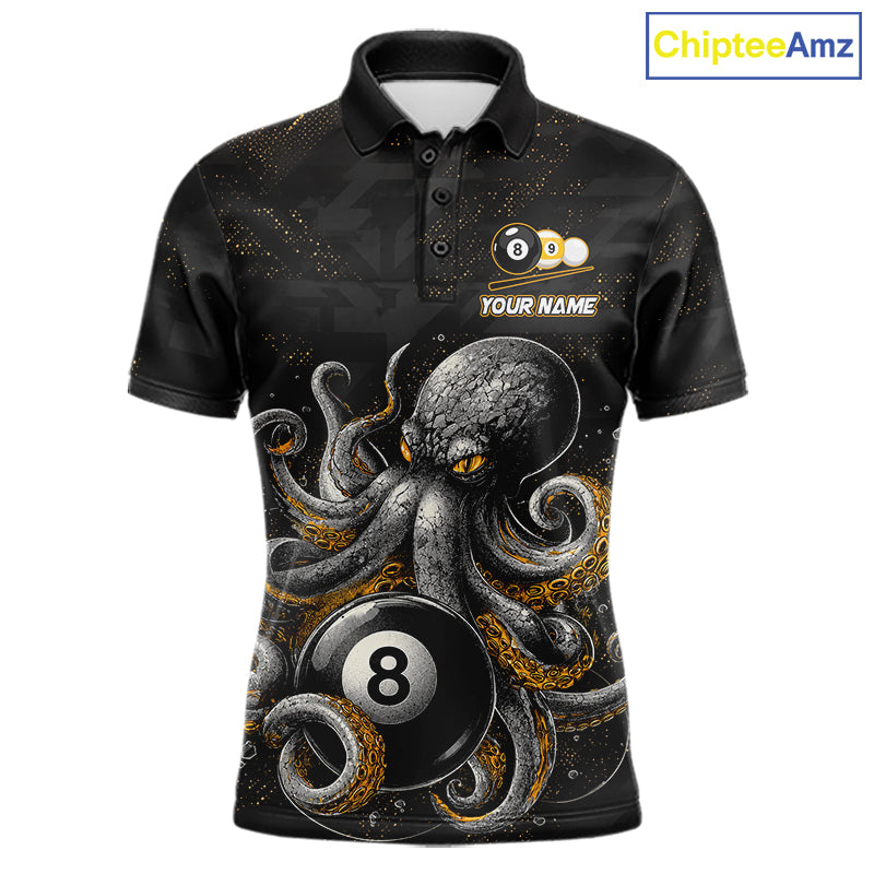 Funny octopus 8 ball and 9 ball billiard polo shirt for men, custom pool team jersey with ocean theme artwork.