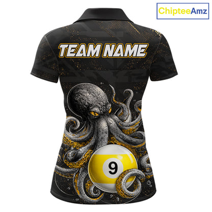 Funny octopus 8 ball and 9 ball custom billiard polo shirt for women, personalized pool player apparel.