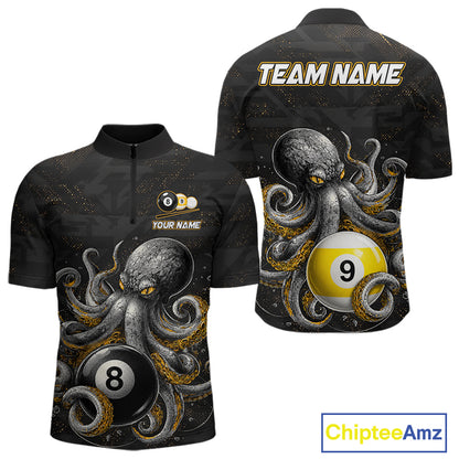 Funny octopus 8 ball and 9 ball quarter zip billiard shirt for men, custom pool team jersey.