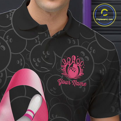 Close-up of pink ribbon breast cancer awareness bowling team jersey polo shirt featuring collar, buttons and pink ribbon artwork.