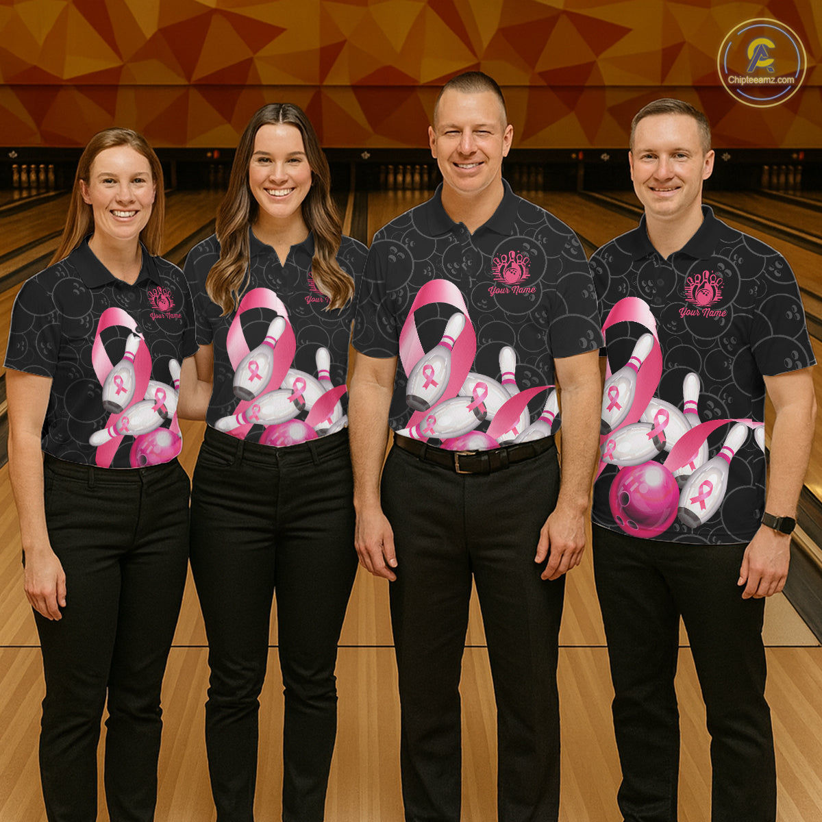 Bowling team wearing matching pink ribbon breast cancer awareness bowling team jerseys, front view.