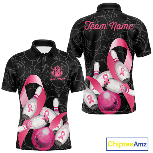 Pink ribbon breast cancer awareness bowling team jersey polo shirt for men featuring pink ribbon artwork, premium custom bowling league apparel for tournaments and team play.