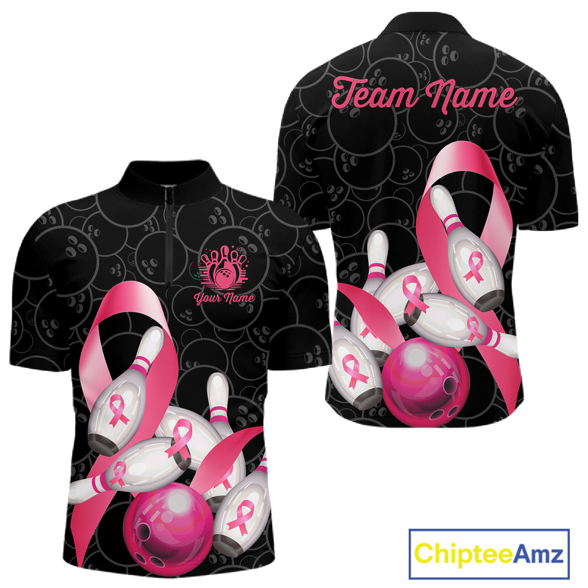 Pink ribbon breast cancer awareness bowling team jersey quarter zip shirt for men featuring pink ribbon graphics, premium custom bowling apparel.