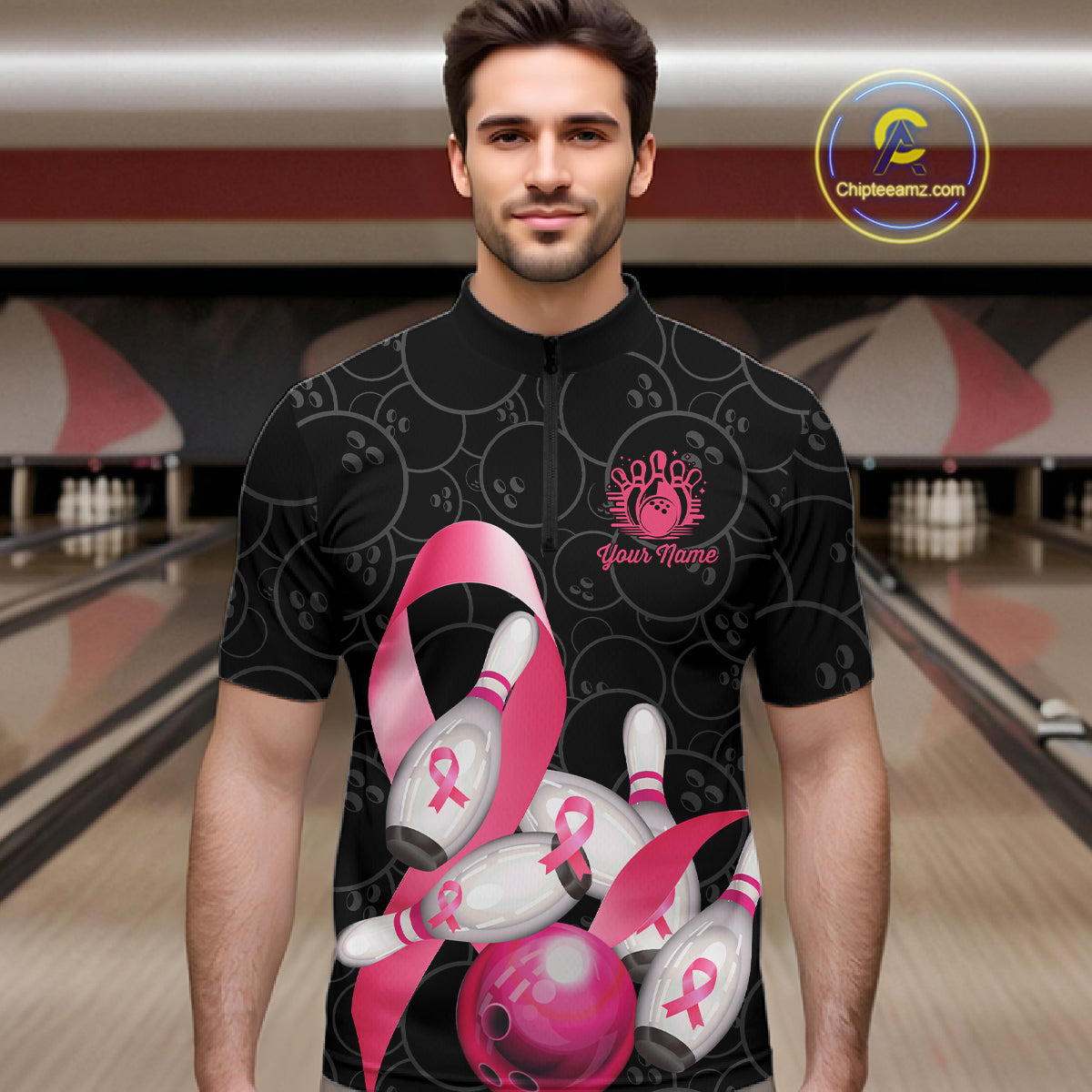 Man wearing pink ribbon breast cancer awareness bowling team jersey quarter zip shirt featuring pink ribbon artwork, front view.