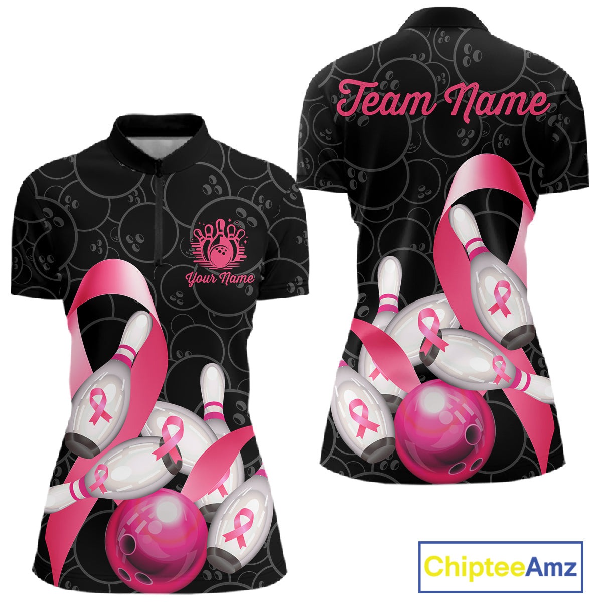 Pink ribbon breast cancer awareness bowling team jersey quarter zip shirt for women featuring pink ribbon graphics, premium custom bowling apparel.