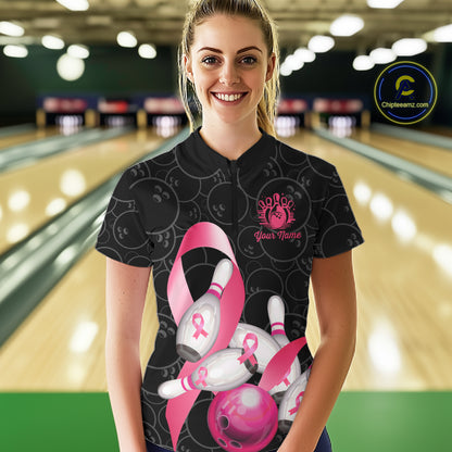 Woman wearing pink ribbon breast cancer awareness bowling team jersey quarter zip shirt featuring pink ribbon artwork, front view.