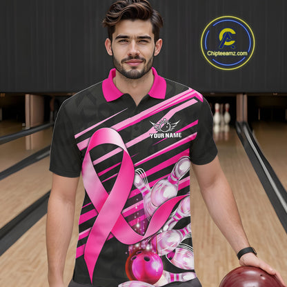 Man wearing personalized pink ribbon breast cancer awareness bowling team jersey polo shirt featuring pink ribbon artwork, front view.