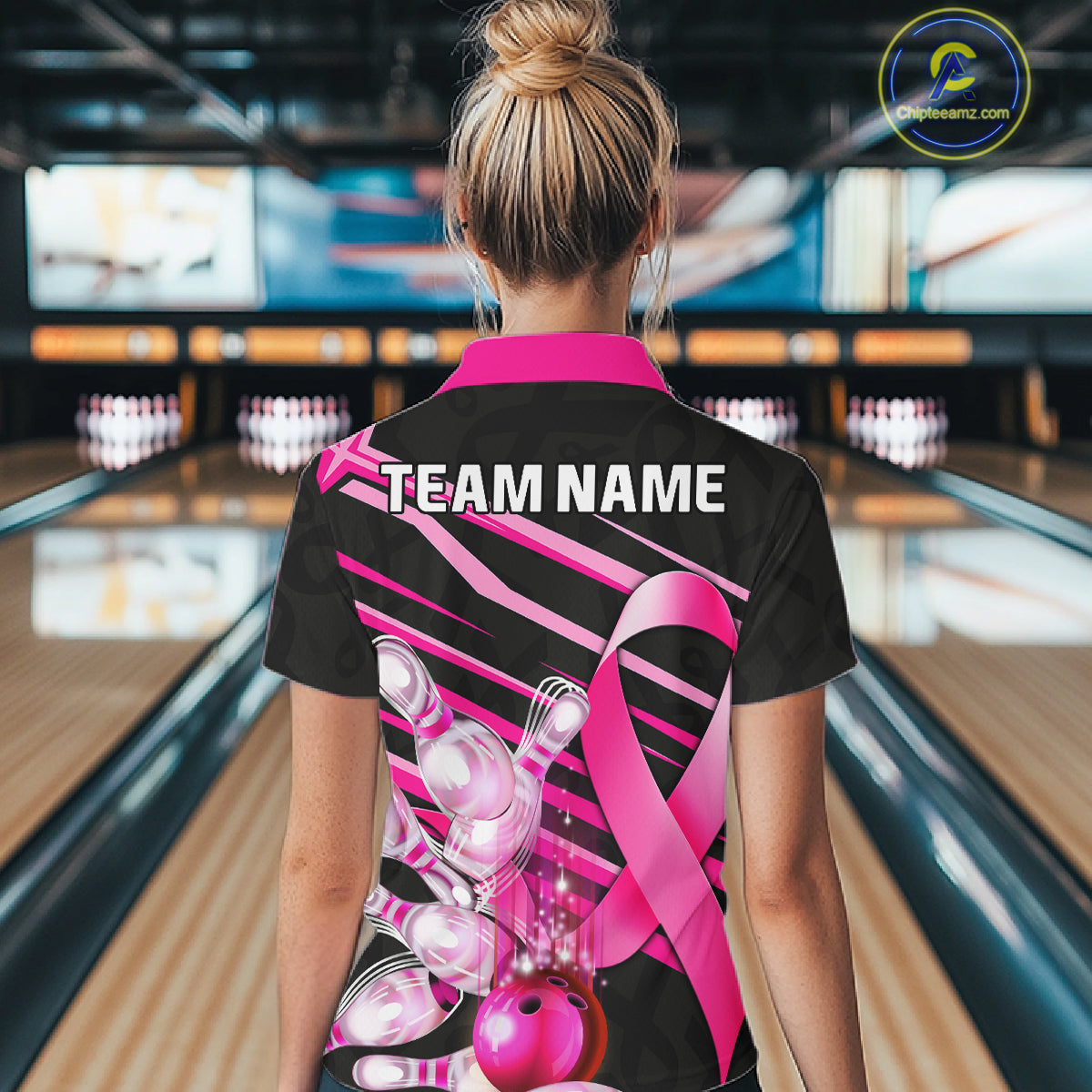 Woman wearing personalized pink ribbon breast cancer awareness bowling team jersey polo shirt featuring pink ribbon artwork, back view.