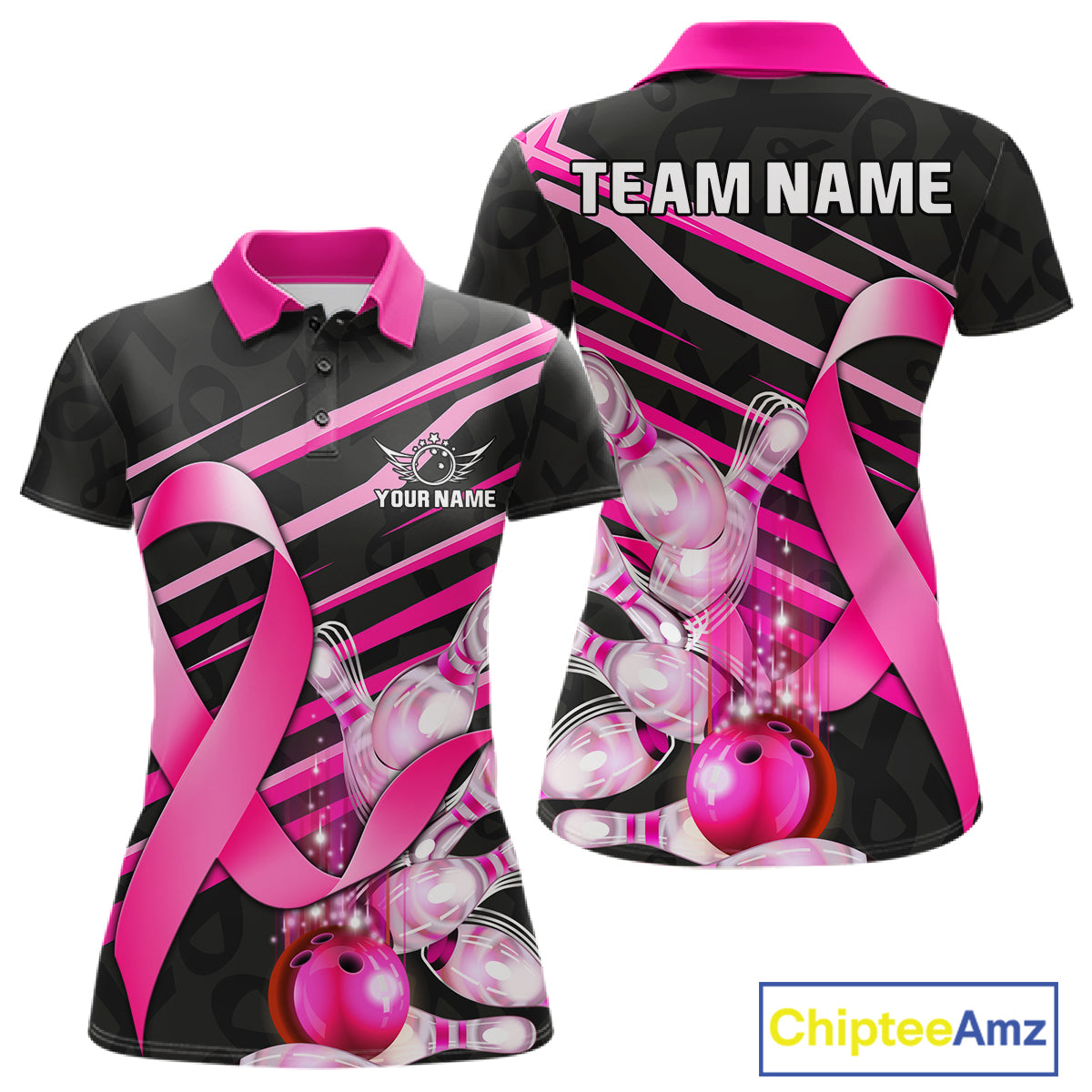 Personalized pink ribbon breast cancer awareness bowling team jersey polo shirt for women featuring pink ribbon artwork, premium custom bowling league apparel.
