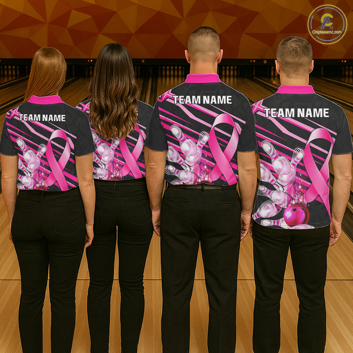 Bowling team wearing matching personalized pink ribbon breast cancer awareness bowling team jerseys, back view.