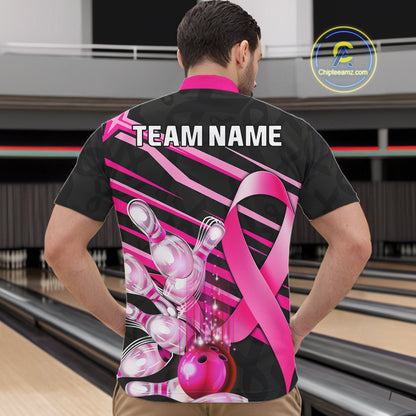 Man wearing personalized pink ribbon breast cancer awareness bowling team jersey quarter zip shirt featuring pink ribbon artwork, back view.
