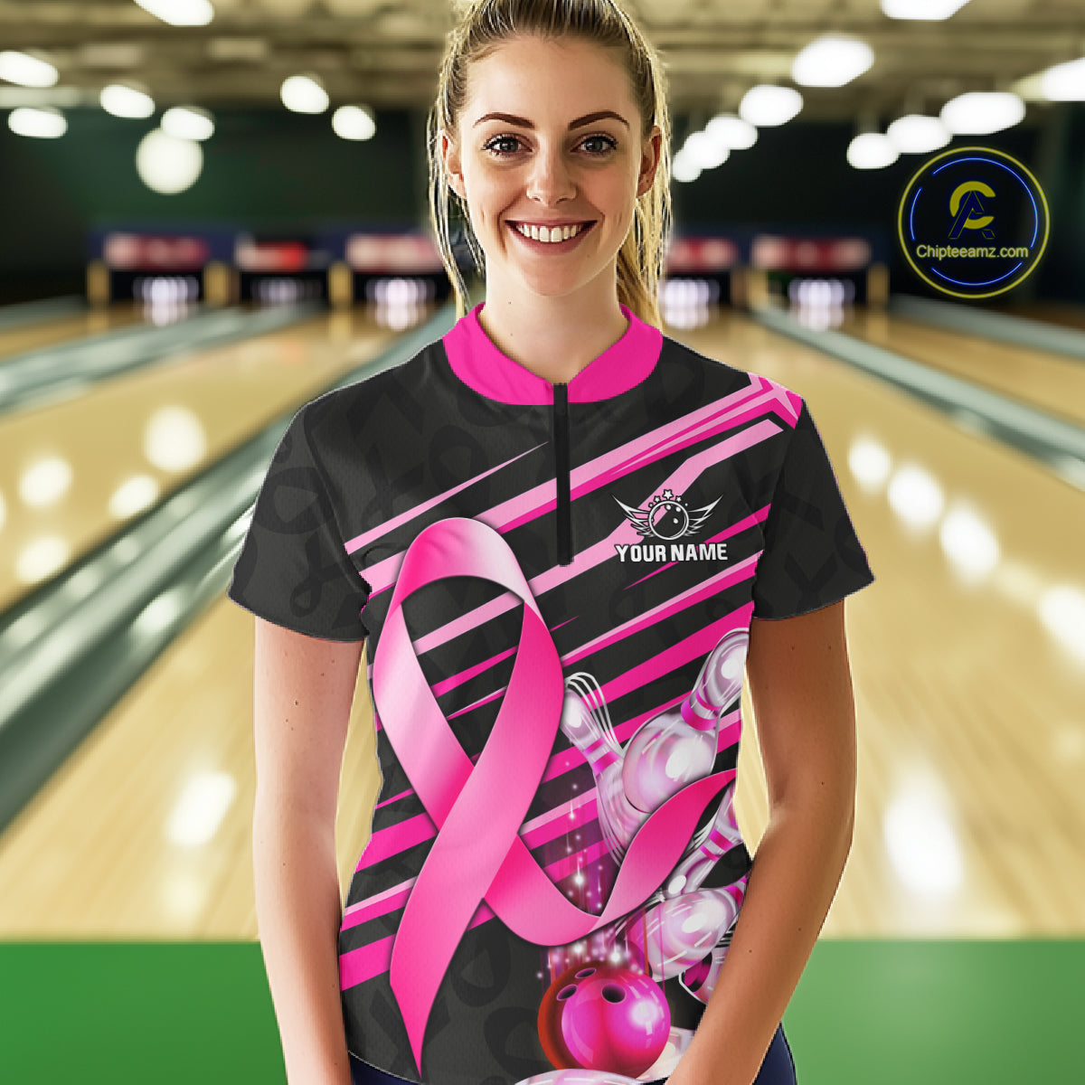 Woman wearing personalized pink ribbon breast cancer awareness bowling team jersey quarter zip shirt featuring pink ribbon artwork, front view.