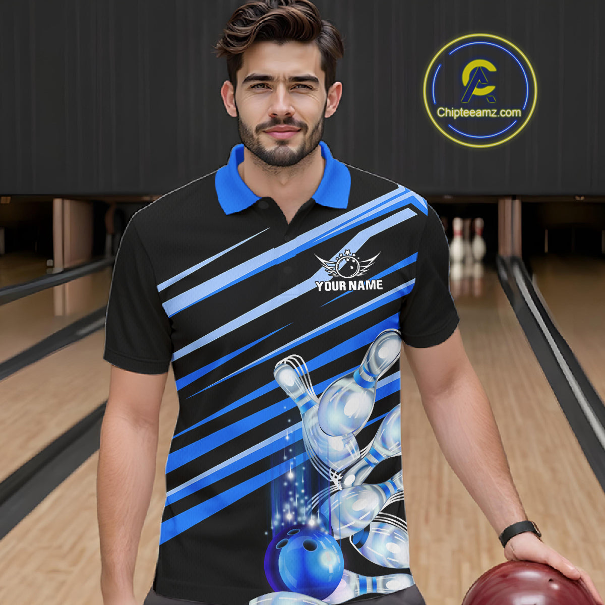 Man wearing personalized black and blue glowing bowling team jersey polo shirt featuring glowing bowling artwork, front view.