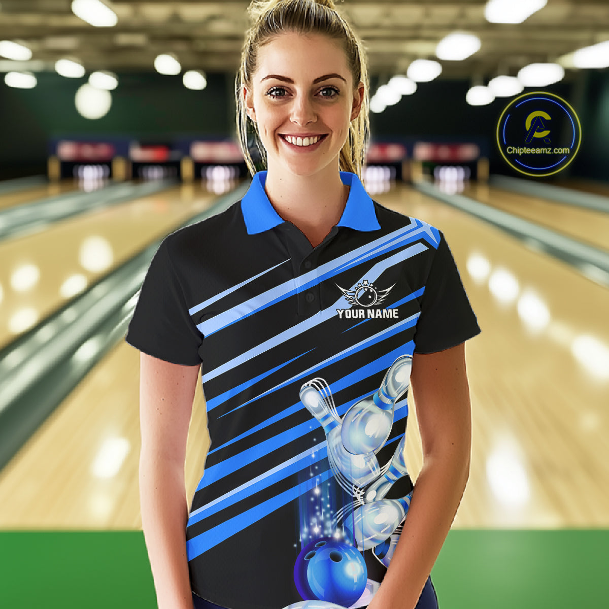 Woman wearing personalized black and blue glowing bowling team jersey polo shirt featuring glowing bowling artwork, front view.