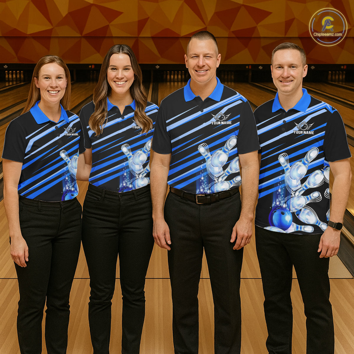Bowling team wearing matching personalized black and blue glowing bowling team jerseys, front view.