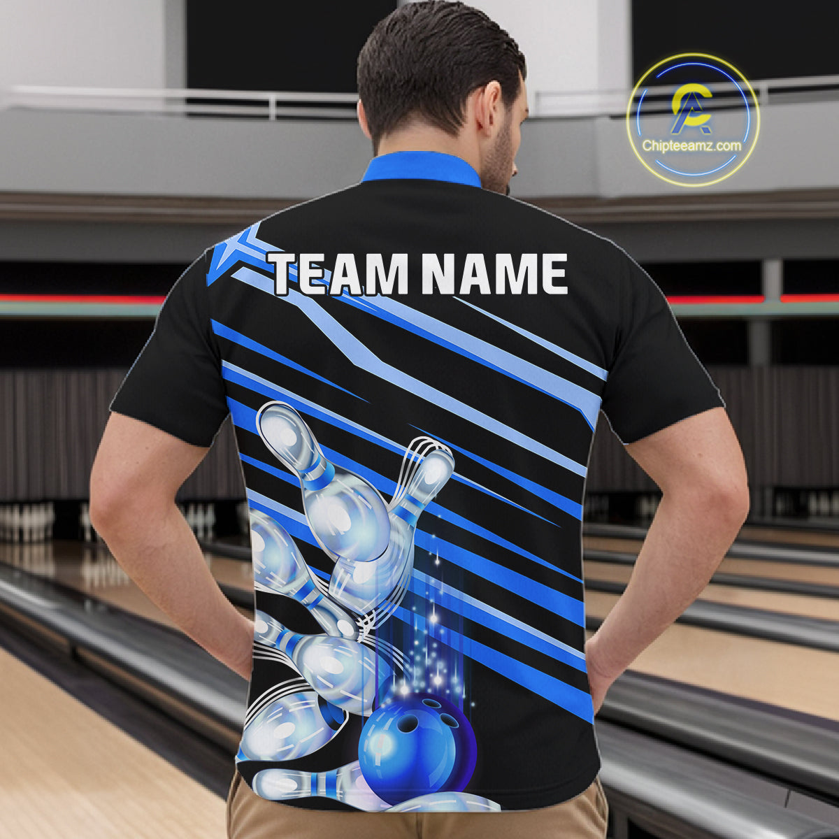 Man wearing personalized black and blue glowing bowling team jersey quarter zip shirt featuring glowing bowling artwork, back view.