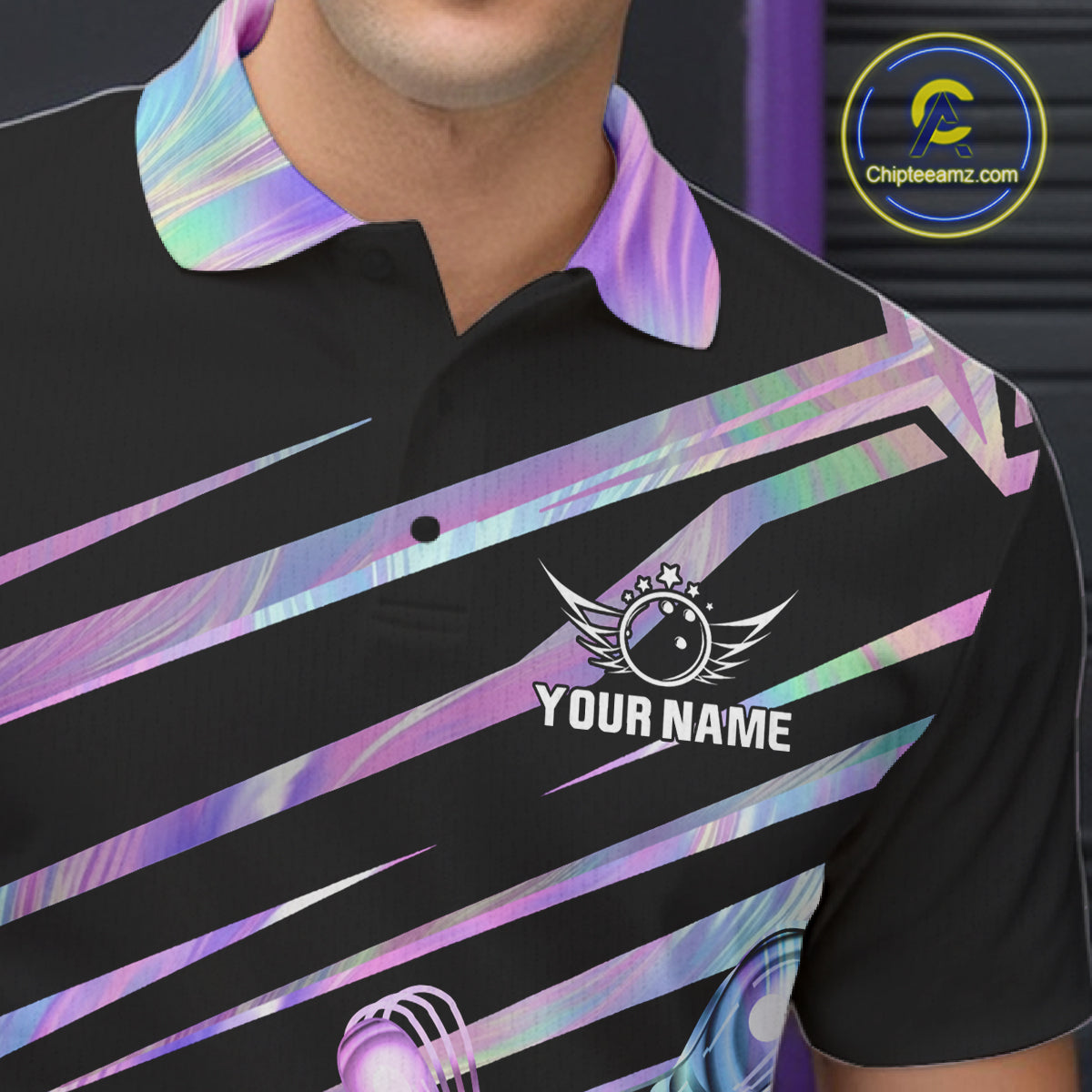 Close-up of personalized holographic bowling team jersey polo shirt featuring collar, buttons and holographic bowling artwork.