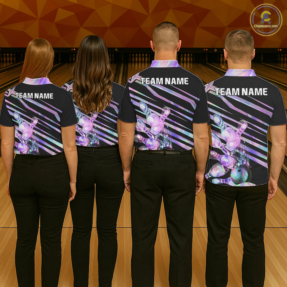 Bowling team wearing matching personalized holographic bowling team jerseys, back view.