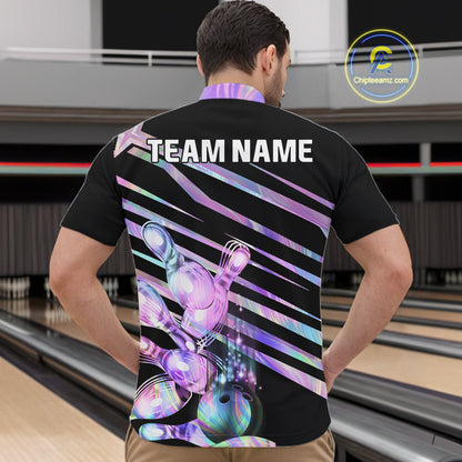 Man wearing personalized holographic bowling team jersey quarter zip shirt featuring holographic bowling artwork, back view.