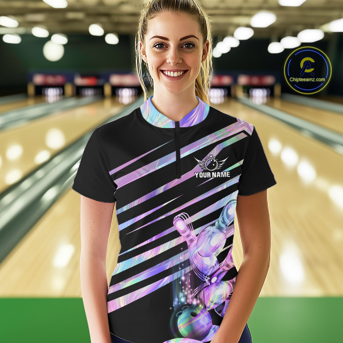 Woman wearing personalized holographic bowling team jersey quarter zip shirt featuring holographic bowling artwork, front view.