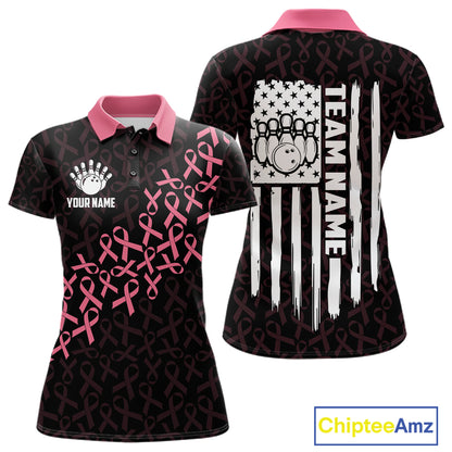 Pink ribbon American flag bowling team jersey polo shirt for women featuring patriotic USA flag and breast cancer awareness ribbon artwork, premium custom bowling apparel.
