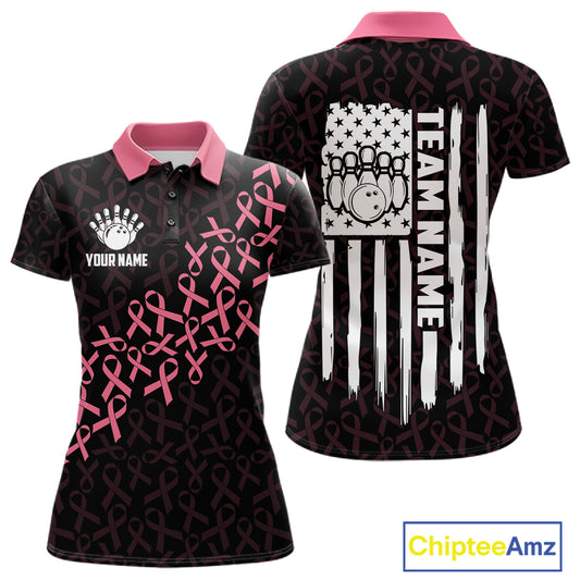 Pink ribbon American flag bowling team jersey polo shirt for women featuring patriotic USA flag and breast cancer awareness ribbon artwork, premium custom bowling apparel.