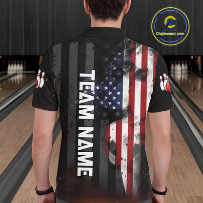 Man wearing personalized vintage smoke American flag bowling team jersey polo shirt featuring patriotic USA flag artwork, back view.