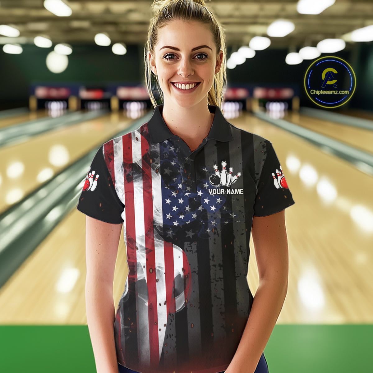 Woman wearing personalized vintage smoke American flag bowling team jersey polo shirt featuring patriotic USA flag artwork, front view.