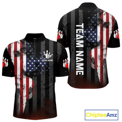 Personalized vintage smoke American flag bowling team jersey quarter zip shirt for men featuring distressed USA flag and smoky vintage artwork, premium custom bowling apparel.
