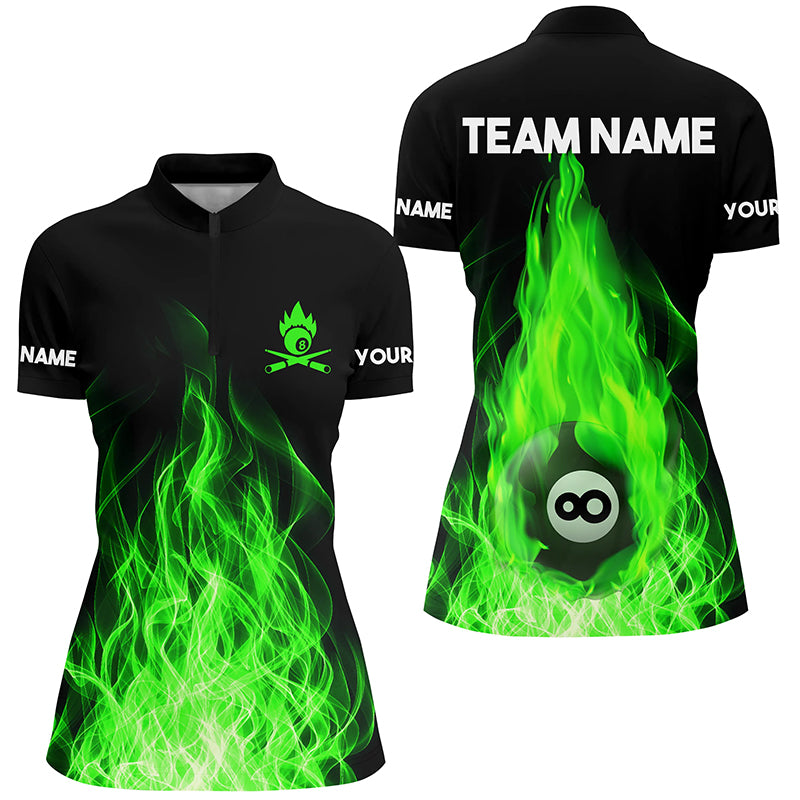 Customized Green Flaming Billiard 3D Women Quarter-Zip Shirts Custom Billiard 8 Ball Shirts TDM0452