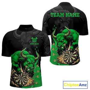Black And Green Funny Bull Darts Shirt For Men Custom Dart Jersey Team Polo & 1/4 Zip TDM5123