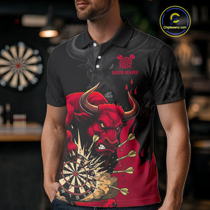 Black And Red Funny Bull Darts Shirt For Men Custom Dart Jersey Team Polo & 1/4 Zip TDM5124