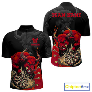 Black And Red Funny Bull Darts Shirt For Men Custom Dart Jersey Team Polo & 1/4 Zip TDM5124