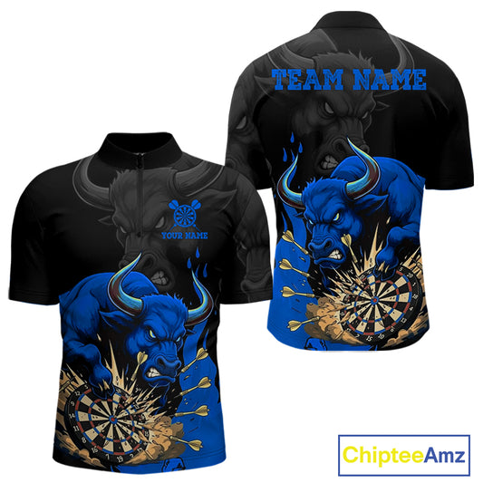 Black And Blue Funny Bull Darts Shirt For Men Custom Dart Jersey Team Polo & 1/4 Zip TDM5125