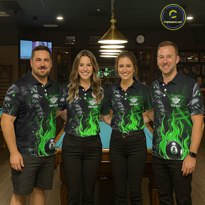 Personalized Wolf Flaming 8 Ball Pool Fire Women Billiard Shirts Team League Billiard Jerseys |Green TDM5596