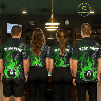 Personalized Wolf Flaming 8 Ball Pool Fire Women Billiard Shirts Team League Billiard Jerseys |Green TDM5596
