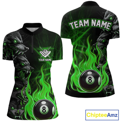 Personalized Wolf Flaming 8 Ball Pool Fire Women Billiard Shirts Team League Billiard Jerseys |Green TDM5596