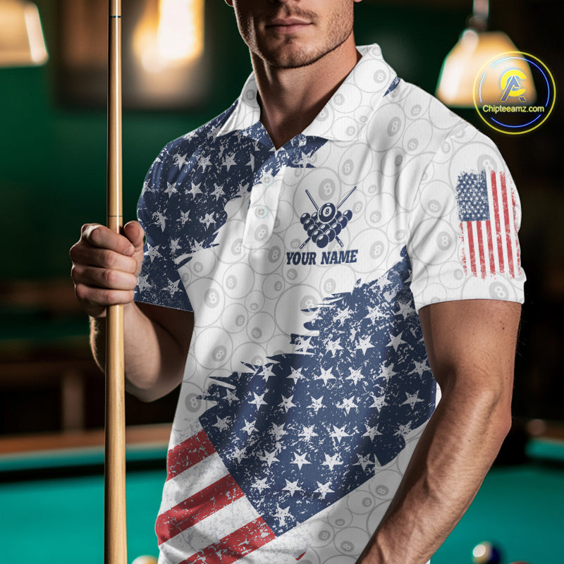 Grunge American Flag 8 Ball Billiard Shirt For Men Custom Patriotic Pool Team Jersey Polo, 1/4 Zip TDM5597