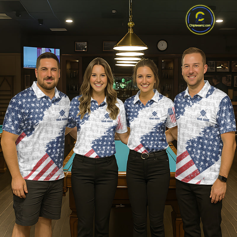 Grunge American Flag 9 Ball Billiard Shirt For Men Custom Patriotic Pool Team Jersey Polo, 1/4 Zip TDM5598